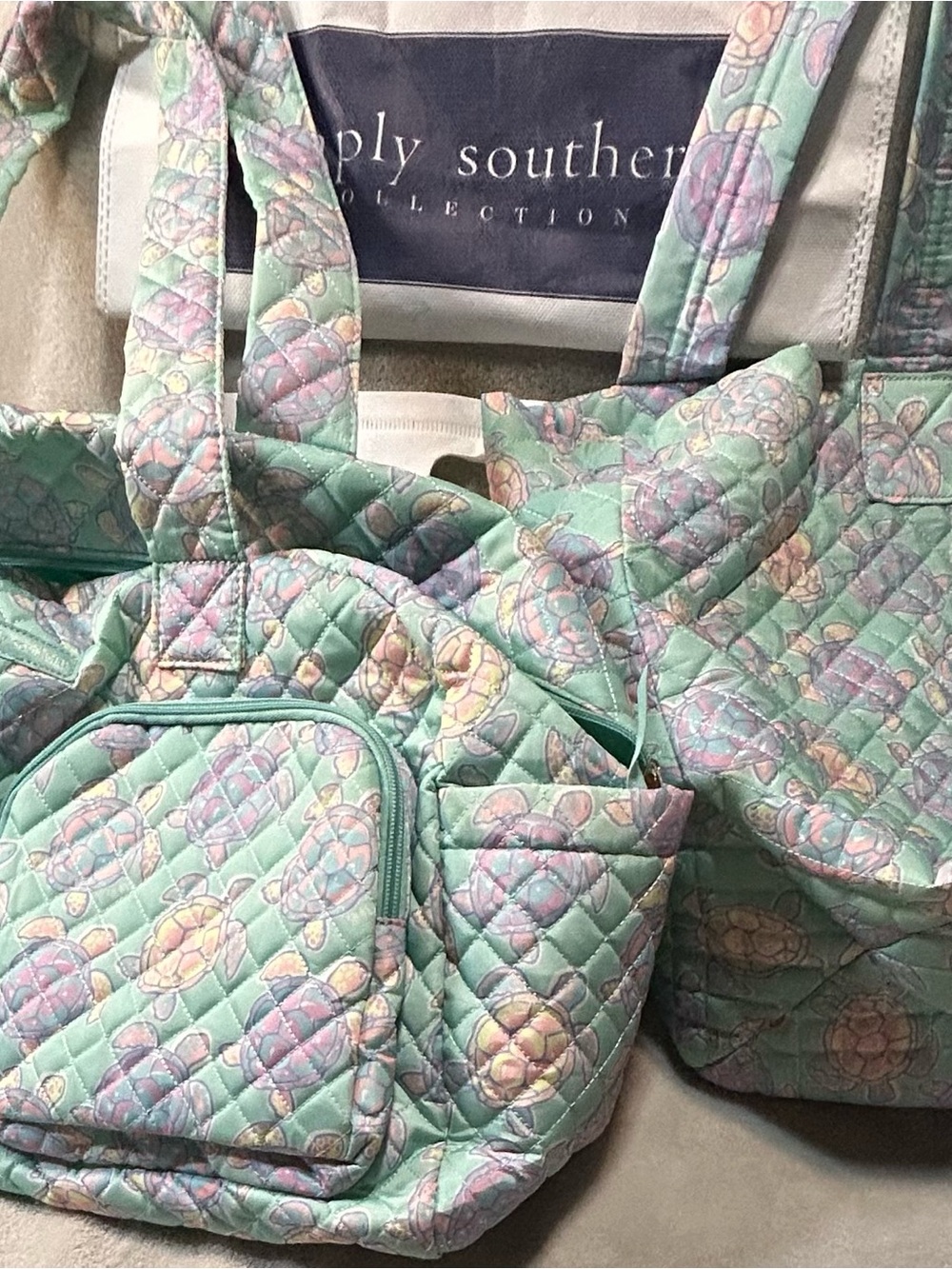 Simply Southern Mint Quilted Tote with Pastel Turtle Print